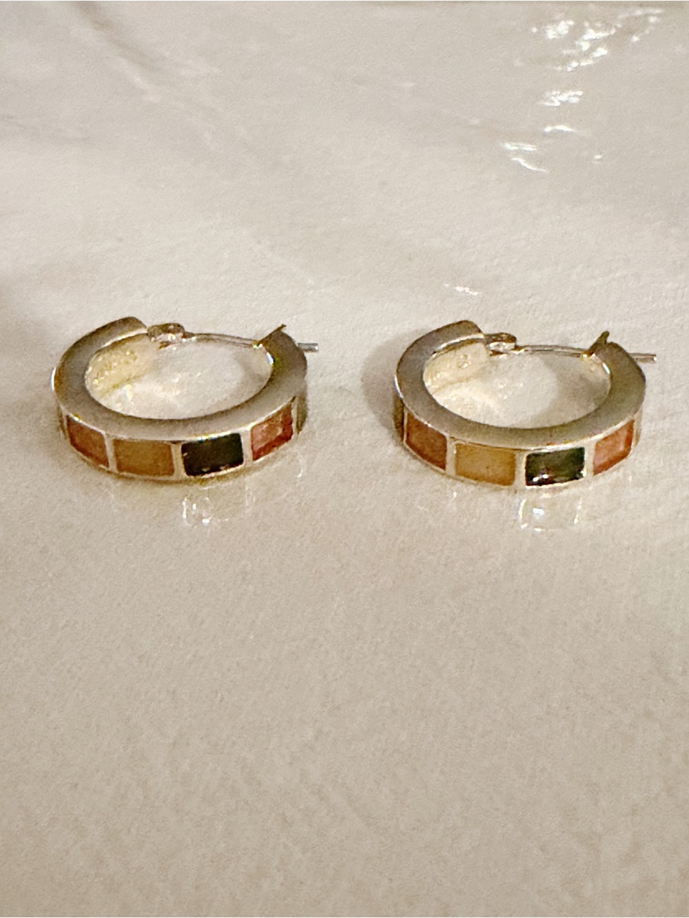 Gold Tone Tiny Hoop Earrings with Multicolor Inlay | Minimalist Huggie Hoops - Picture 3 of 8